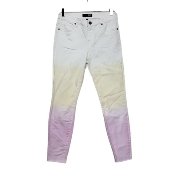 Kut from the Kloth Pink Yellow Ombre Gradient Tie Dye Raw Hem Stretch Jeans Sz 2 - Picture 1 of 3